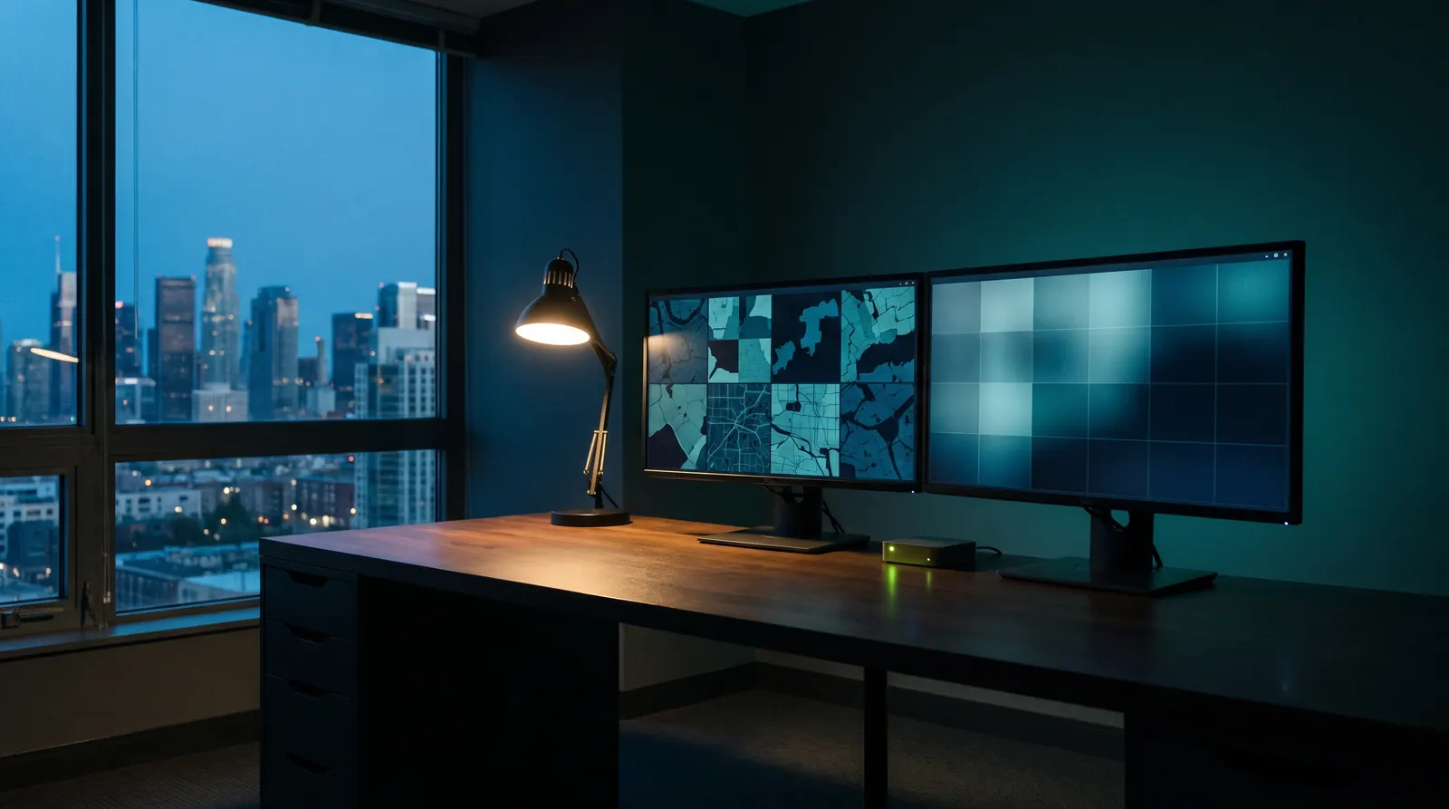 A dim operations desk at dusk with two monitors showing map tiles and a city skyline through the window
